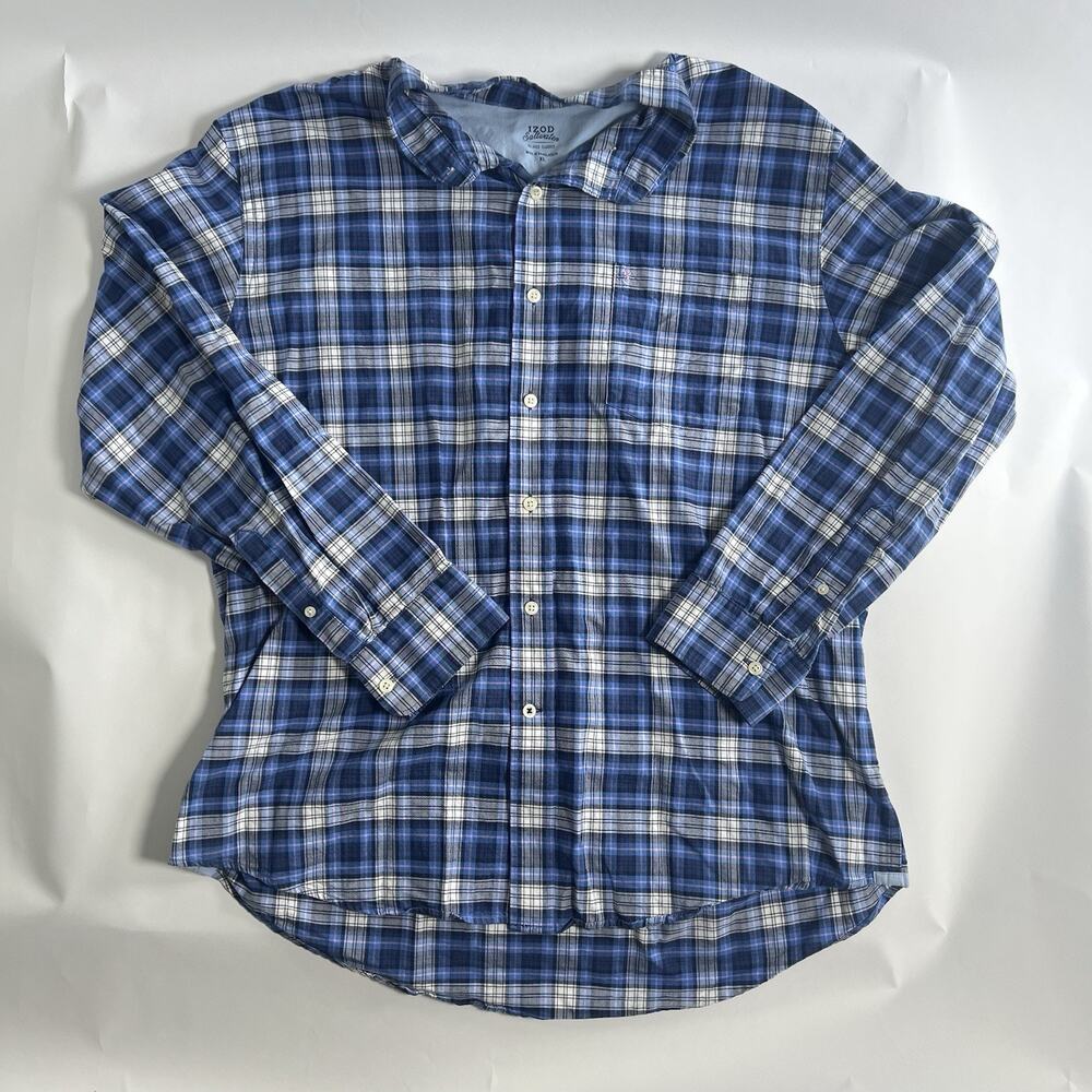 IZOD Saltwater Men's Blue/White Plaid Woven Cotton Button-Down Shirt XL